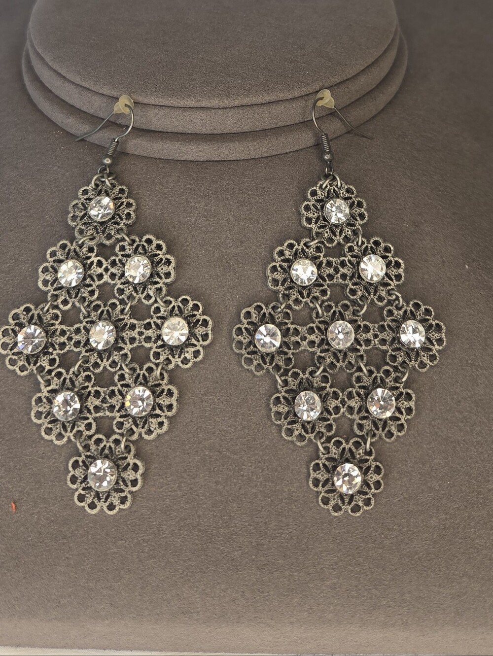 Silver Filigree And Crystal Chandelier Dangle Earrings